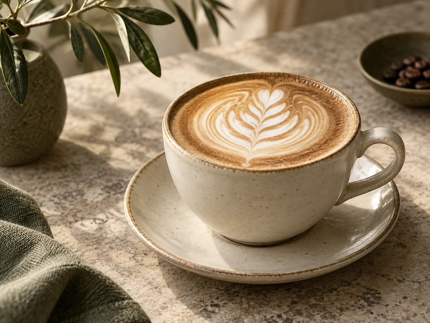 Hot coffee with latte art in a cream ceramic cup