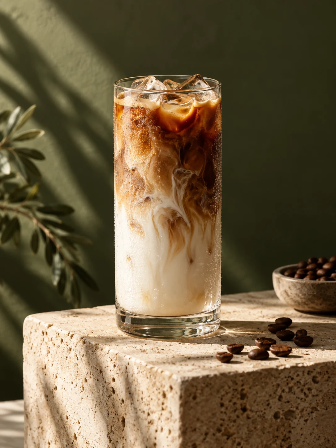 An iced latte with swirls of espresso and milk in warm afternoon light