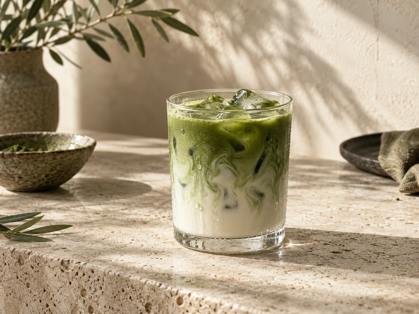 Iced matcha latte with layers of green tea and milk
