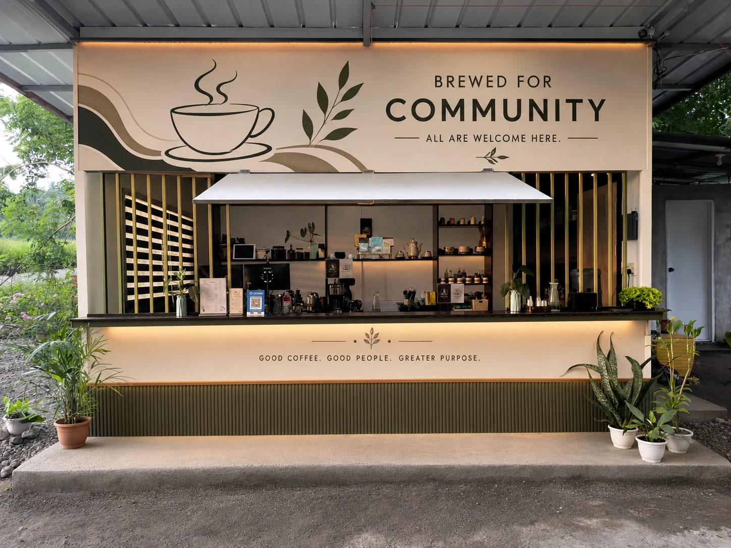 Serenity Sips coffee bar with olive green details, plants, and a Brewed for Community sign